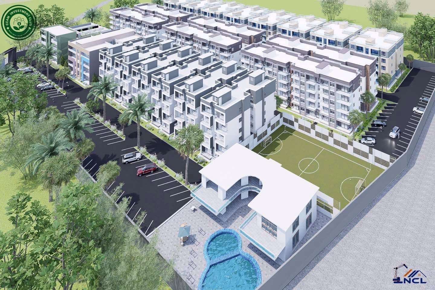 Render of CCAM Legacy Homes: aerial sports field