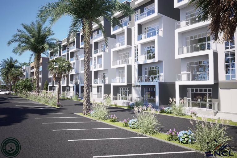Render of CCAM Legacy Homes: apartment block parking