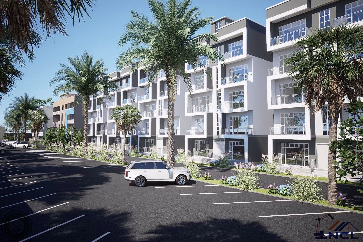 Render of CCAM Legacy Homes: apartment street palms